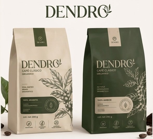 Dos empaques de café orgánico DENDRO en colores beige y verde oscuro, acompañados de hojas y granos de café sobre fondo claro
