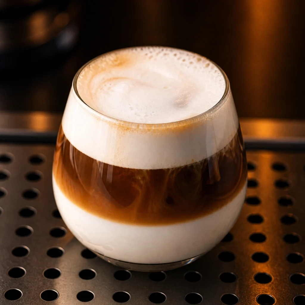 Café frío servido en copa redonda con abundante espuma cremosa encima