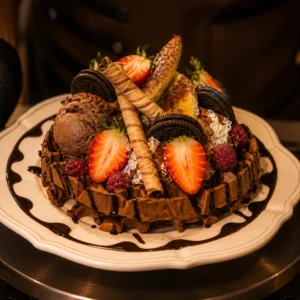 Waffle de chocolate decorado con helado, fresas, Oreo y salsa de chocolate