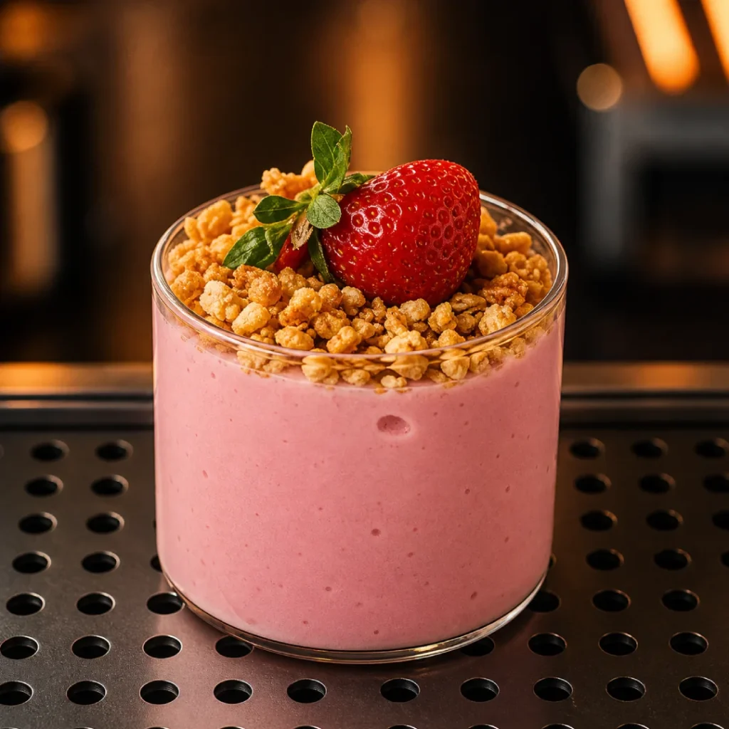 Postre cremoso de fresa decorado con granola y una fresa fresca encima.