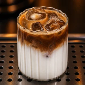 Vaso de café latte frío con leche y espresso mezclándose entre cubos de hielo