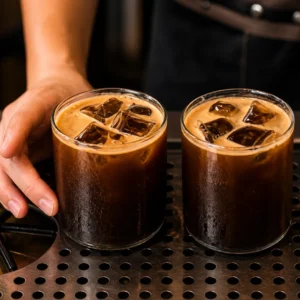 Dos vasos de café americano frío con hielo sobre barra metálica de cafetería. Título