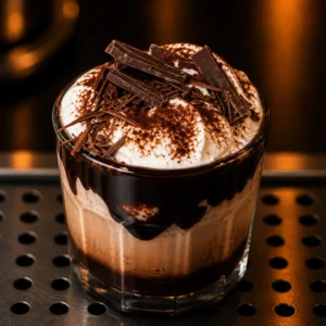 Bebida de moca chocolate servida en vaso de vidrio con crema batida, salsa de chocolate y trozos de chocolate encima