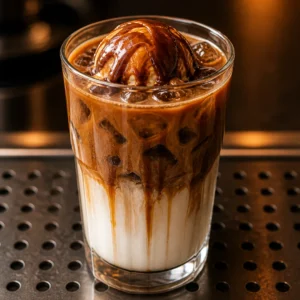 Vaso de café frío con leche, hielo y bola de helado bañada en caramelo